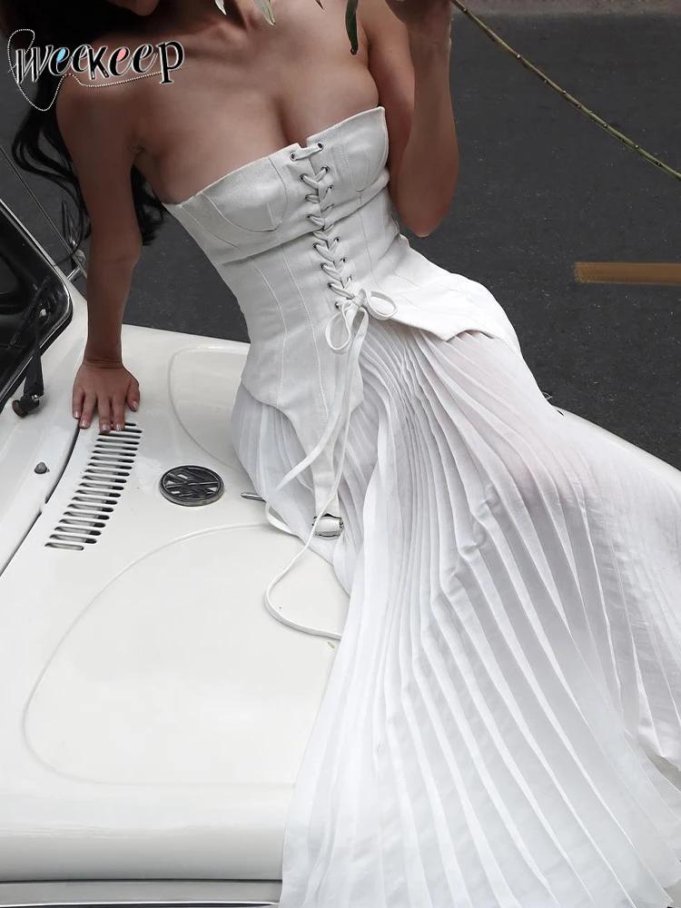 Weekeep 여성용 우아한 흰색 붕대 코르셋 탑, 섹시한 스트랩리스 스키니 클럽웨어, 튜브탑, 한국 패션 스트리트웨어, Y2k 빈티지 티